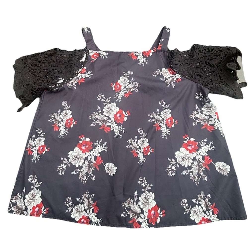 Womens Floral Cold‎ Shoulder Top Black Red Floral Print Crotched sleeves 2XL